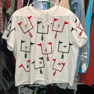 QUEEN OF SPARKLES red and black football tee. Size Medium. NWT